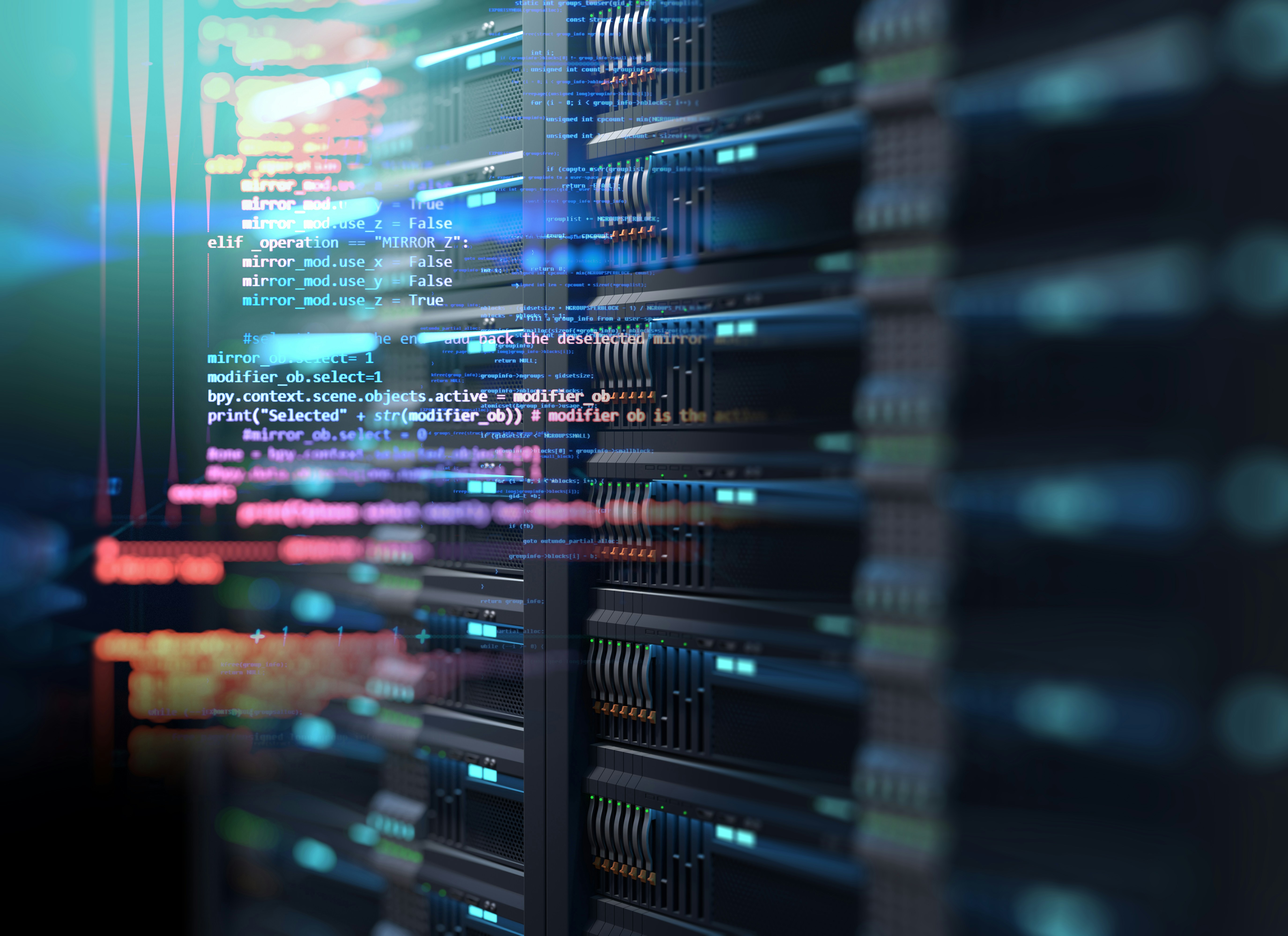 Server racks in a data centre with a semi-transparent code overlay — data platforms, warehouses, and APIs