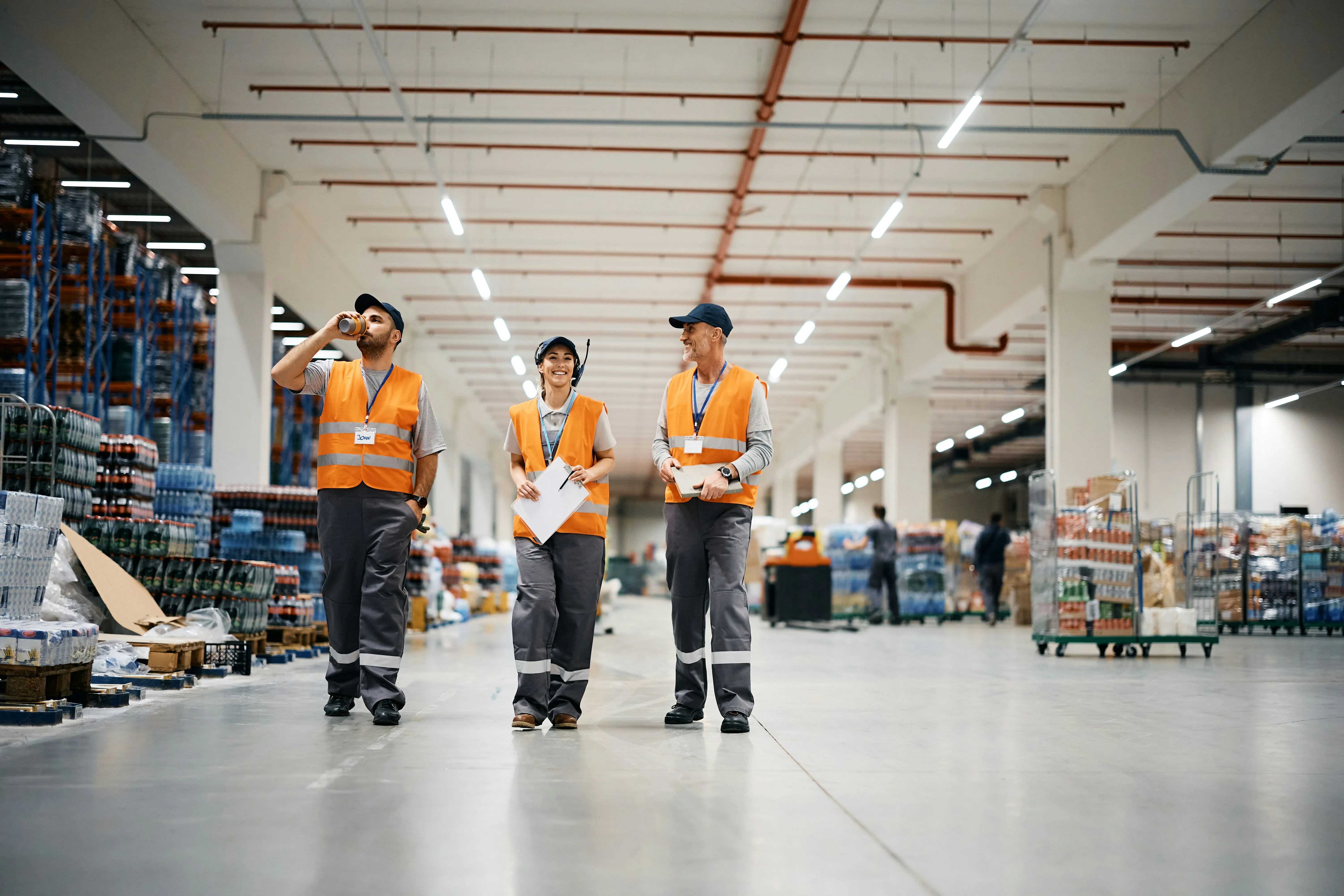 Three warehouse workers in hi-vis vests walking together through a distribution center